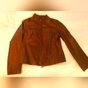Vtg EXPRESS World Brand Leather Jacket Ostrich Print Brown 9/10 EUC ❤️ Pre-owned